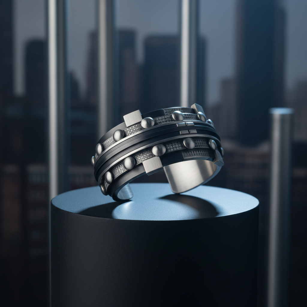 A striking close-up of an architectural-inspired cuff bracelet placed on a matte black pedestal, its design echoing Manchester’s industrial heritage with repeating rivet-like details and subtle grid patterns, rendered in brushed steel and darkened titanium. The background hints at an abstracted city skyline through blurred, metallic vertical forms. A cool, directional side light from the right creates sharp, graphic shadows that emphasize the cuff’s structural lines and layered surfaces. Photographic realism, shot at a slightly low angle with a shallow depth of field, keeping the cuff in razor-sharp focus. The atmosphere is urbane, intellectual, and slightly edgy, aligning contemporary jewellery design with the character of Manchester’s built environment.