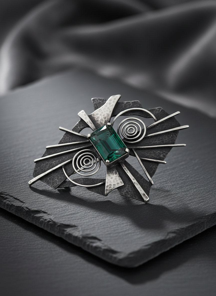 A close-up, photographic-realistic shot of a sculptural statement brooch resting on a smooth, dark slate tile, its surface combining hammered silver, oxidized metal, and a single precisely cut gemstone in a deep emerald hue. The brooch is positioned diagonally, with fine metalwork and unconventional shapes leading the eye across the frame. Soft studio lighting from the left creates gentle gradients across the textures, highlighting the contrast between matte and glossy areas and casting a delicate shadow on the slate. The background fades into a velvety blur of charcoal and soft grey tones. The mood is quietly dramatic and intellectual, emphasizing craftsmanship, innovation, and contemporary elegance.
