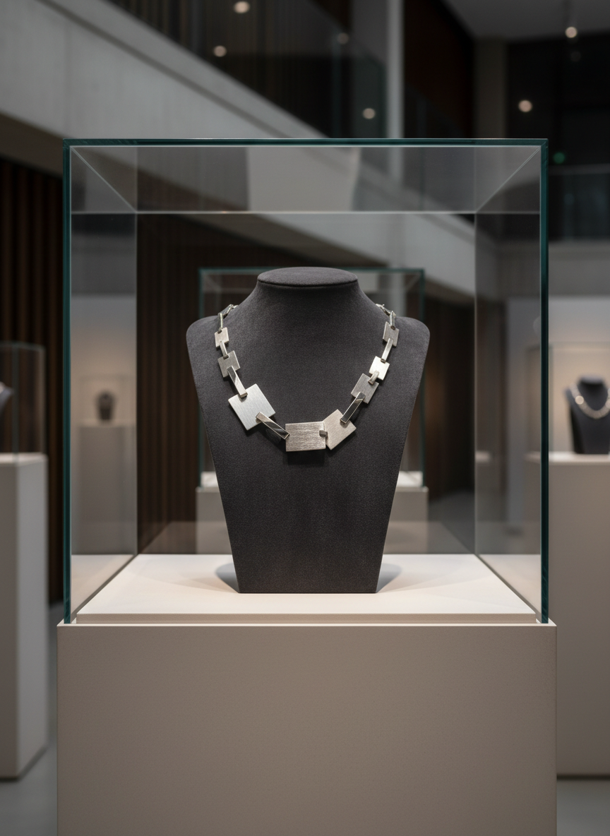 A meticulously crafted contemporary silver necklace displayed on a deep charcoal velvet bust form, each geometric pendant featuring brushed and polished finishes that catch the light differently. The piece is positioned in the center of a minimalist gallery plinth, surrounded by soft-focus glass display cases and subtle architectural lines of a modern Manchester exhibition space. Diffused overhead gallery lighting and a gentle side spotlight create refined highlights along the metal edges and soft shadows on the velvet. Photographic realism, shot at eye level with a shallow depth of field, emphasizes the necklace’s intricate textures. The mood is sophisticated and curated, evoking a sense of exclusivity and quiet luxury.