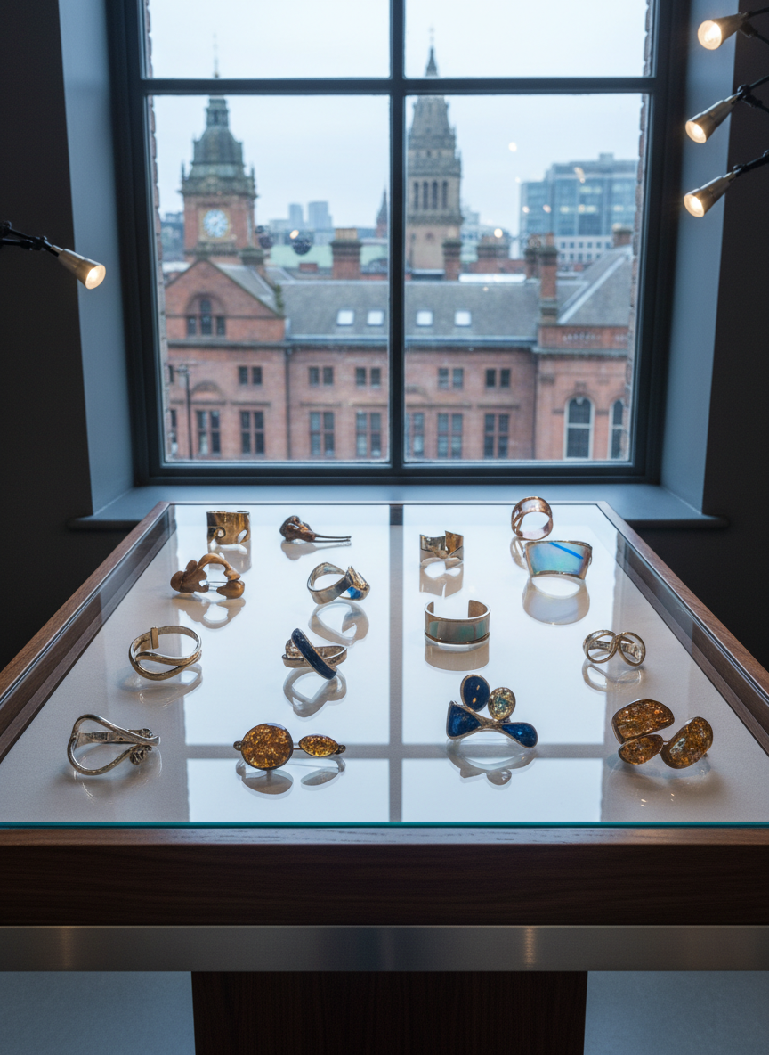 An elegant glass-topped display table showcasing a curated selection of avant-garde rings, brooches, and cuffs in mixed metals, resin, and translucent acrylics, each piece arranged with deliberate spacing. The table stands in front of a large window revealing a softly blurred hint of Manchester’s urban architecture outside. Cool, overcast natural light filters through, complemented by discreet recessed spotlights, creating gentle reflections on the glass and subtle glints on polished surfaces. Photographic realism with a slightly elevated angle, ensuring every piece is visible while the city backdrop remains soft and atmospheric. The scene feels refined, contemporary, and intellectual, capturing the essence of a high-end jewellery week exhibition.
